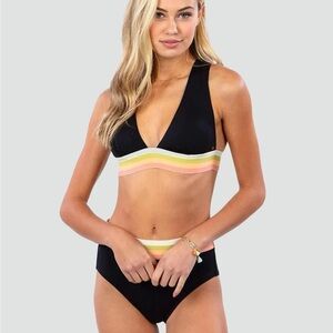 Retro-inspired black bikini set with pastel multi stripe detail - size Small (S)
